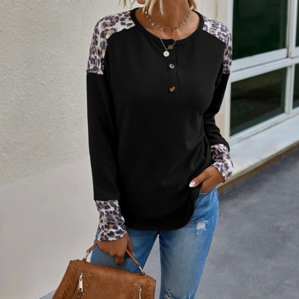 SHEIN black and leopard shirt long sleeve shirt